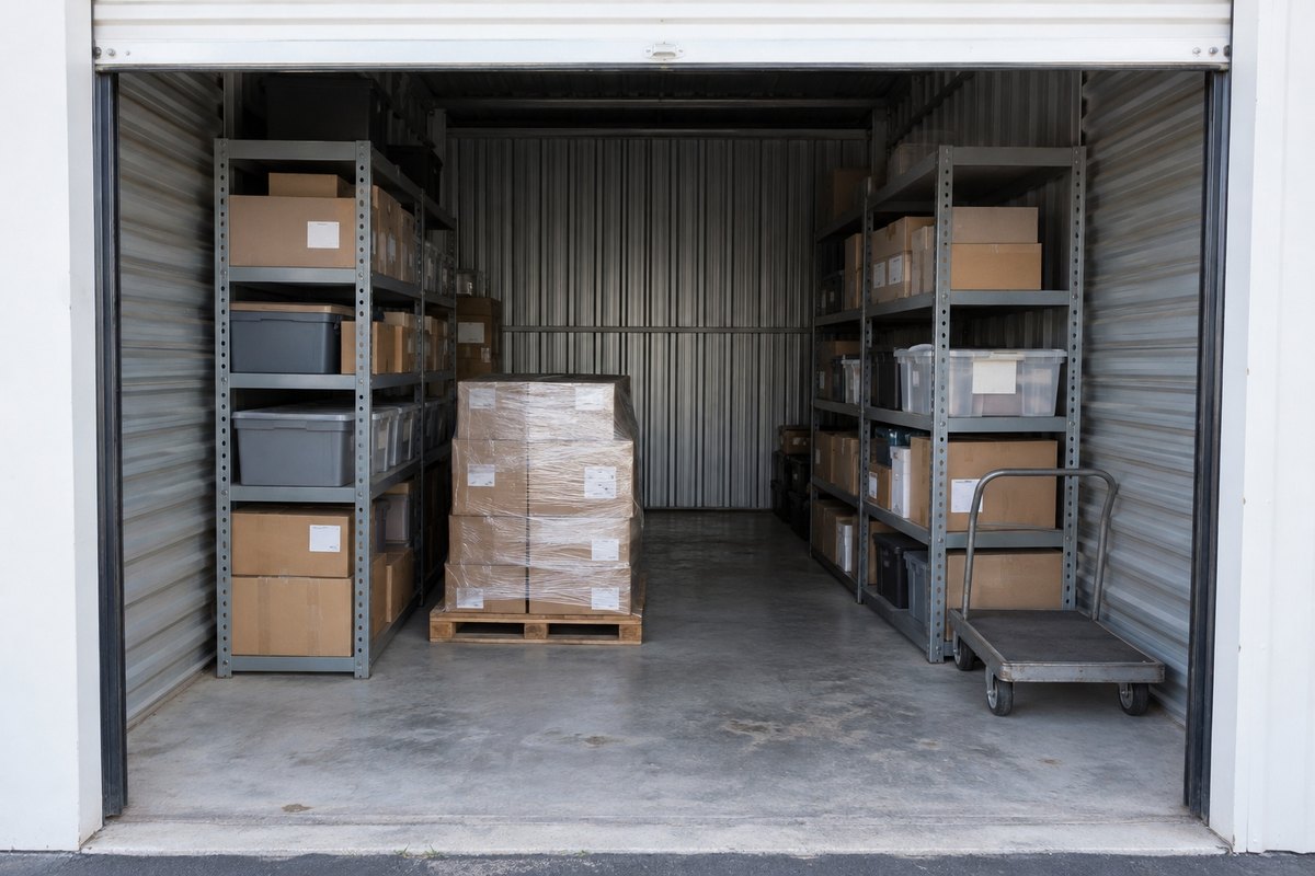Open storage unit with metal shelving of labeled boxes and bins, a pallet of wrapped boxes and a flat cart