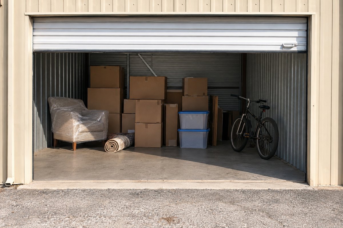 Open storage unit holding stacked moving boxes, a plastic-wrapped armchair, a rolled rug, blue-lidded bins and a bicycle